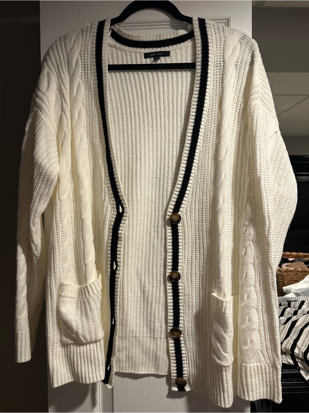 Love Tree Cream Cardigan with Black Trim
